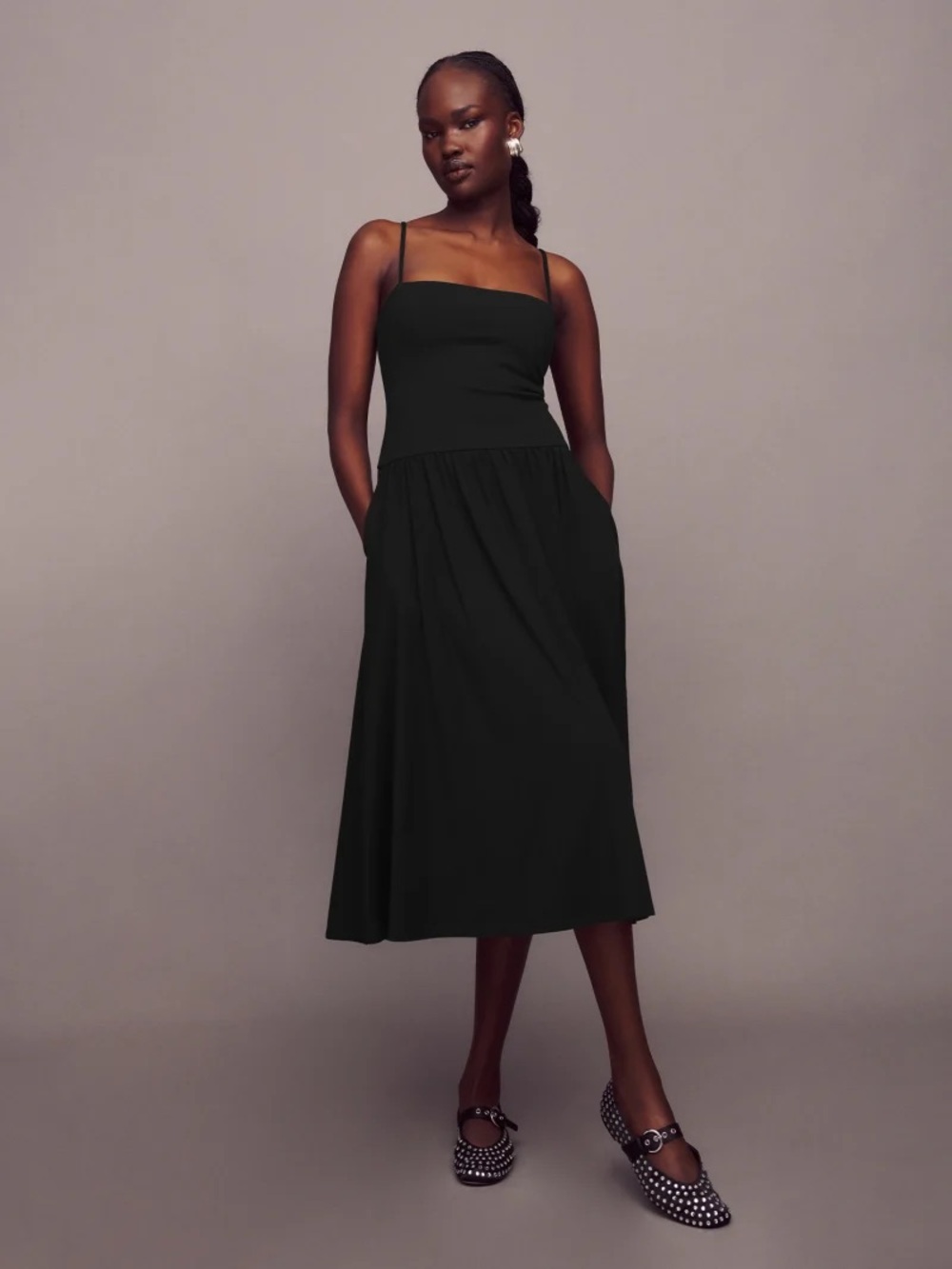 Reformation Lilo Black Square-Neck Spaghetti-Strap Midi Dress